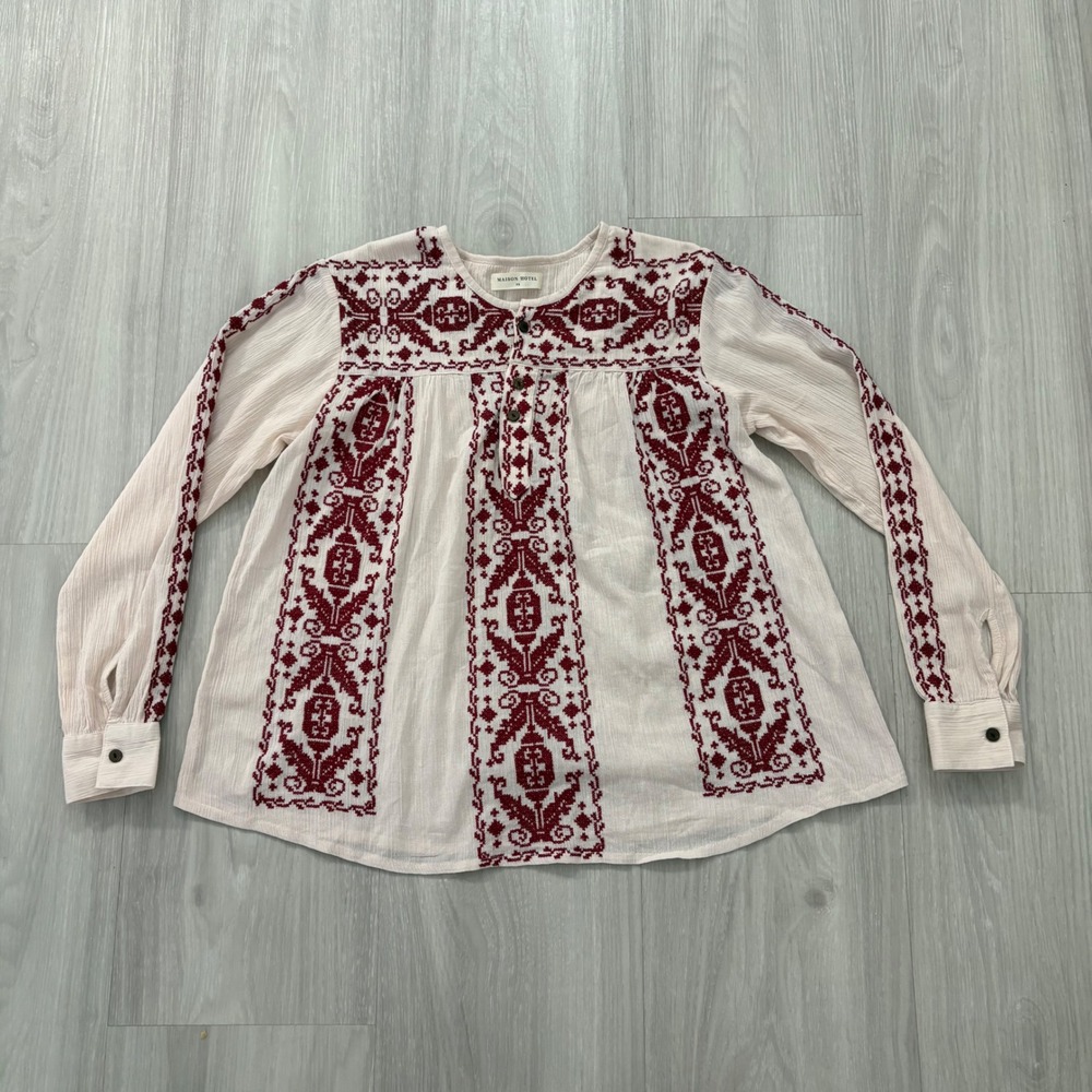 Maison Hotel Blouse Women Embroidered Peasant Ivory Burgundy Boho Gauze Top XS
